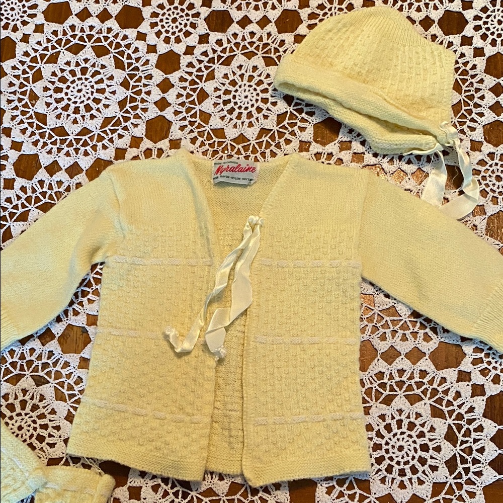 Vintage Yellow Knit Cardigan  booties and Hat Set for baby made in Canada